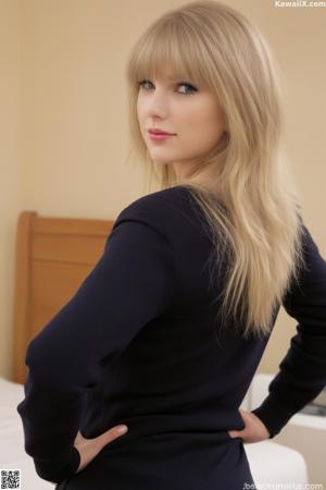 A woman in a black bra and blue panties sitting on a chair.