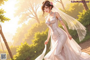 A woman in a wedding dress standing in a forest.