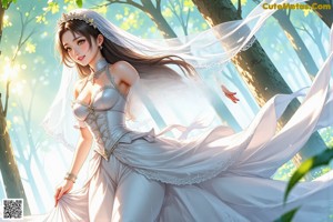 A woman in a wedding dress standing in the woods.