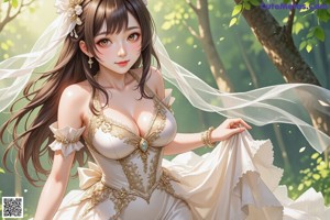 A woman in a wedding dress standing in the woods.
