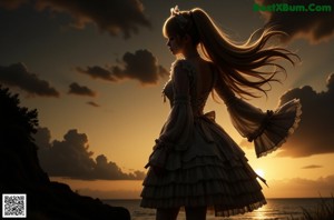 A girl in a gray dress is standing in the grass.