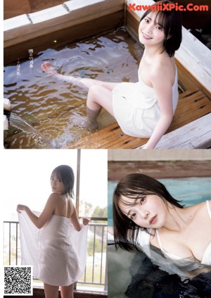 A woman in a white dress sitting in a hot tub.