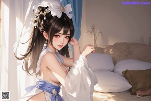 A woman in a white kimono sitting on a bed.