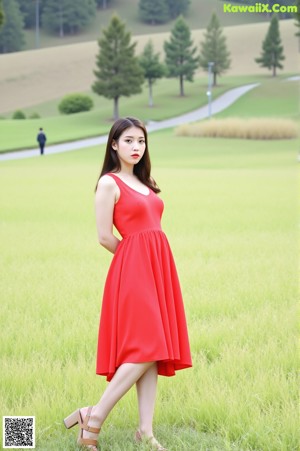 A woman in a red dress standing next to a bed.
