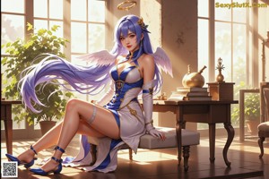 Anime girl with blue hair wearing a red and white outfit.
