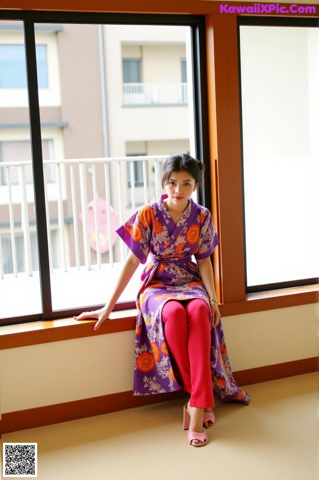 A woman in a purple kimono sitting on a window sill.