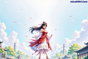 A woman in a red and white dress is walking down a street.