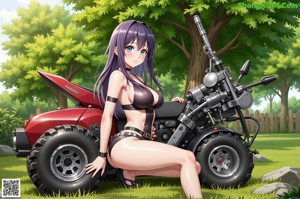 Anime girl in a black and red outfit is posing naked in a mirror.