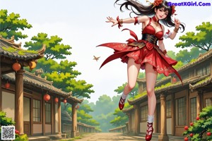 A woman in a red dress sitting on a wooden deck.