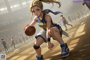 A girl holding a basketball on a basketball court.