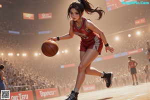 A girl in a blue and yellow uniform holding a basketball.