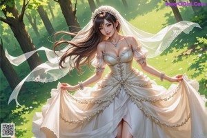 A woman in a wedding dress standing in a forest.