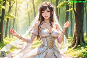 A woman in a wedding dress standing in the woods.