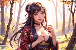 A naked woman in a kimono standing in the woods.
