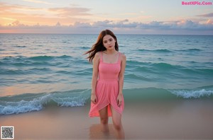 A naked asian woman standing on a balcony with palm trees.