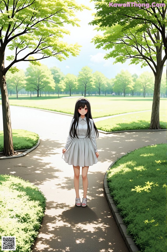 A girl in a white dress walking down a path in a park.