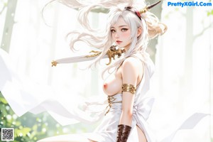 A woman with long white hair and a detailed outfit holds a sword outdoors.