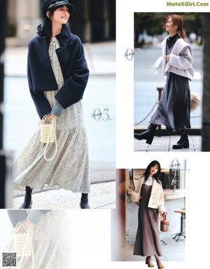 A woman in a white coat and a beige skirt is featured in a magazine.