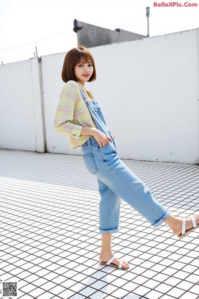 a woman standing on top of a tiled floor next to a wall