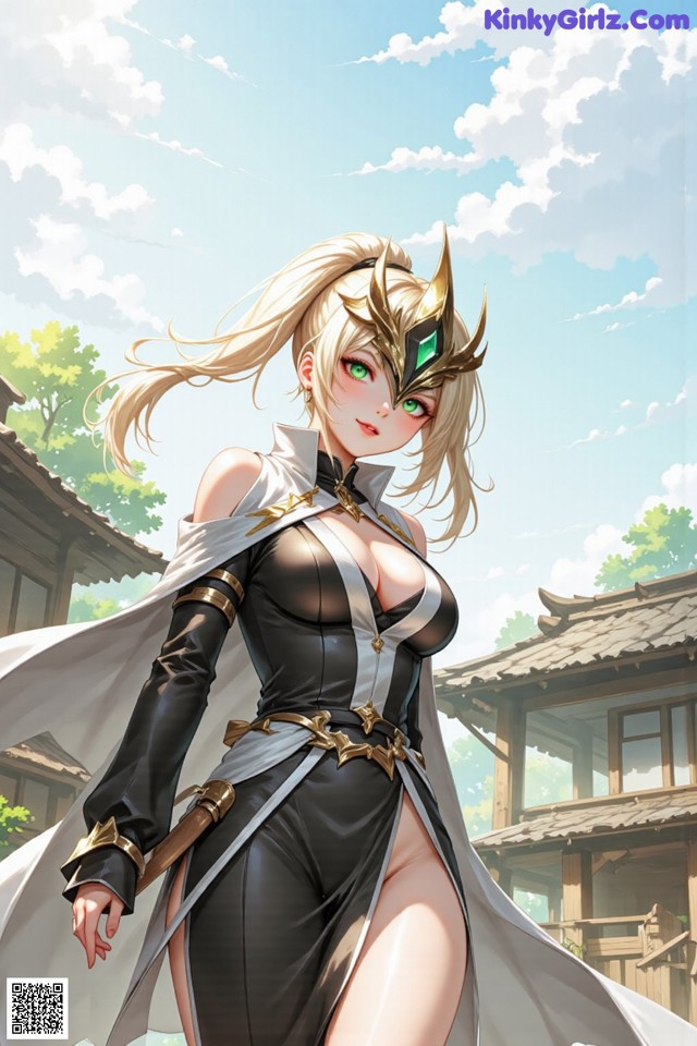A woman in a black and white outfit holding a sword.