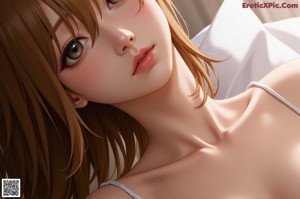 Anime girl in a white shirt and thong posing in a bathroom.