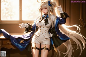 A woman in a blue and white outfit is posing for a picture.