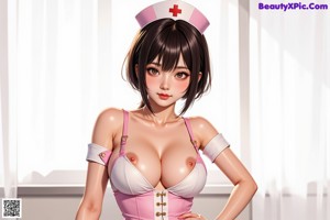 A woman in a nurse outfit is posing on a bed.