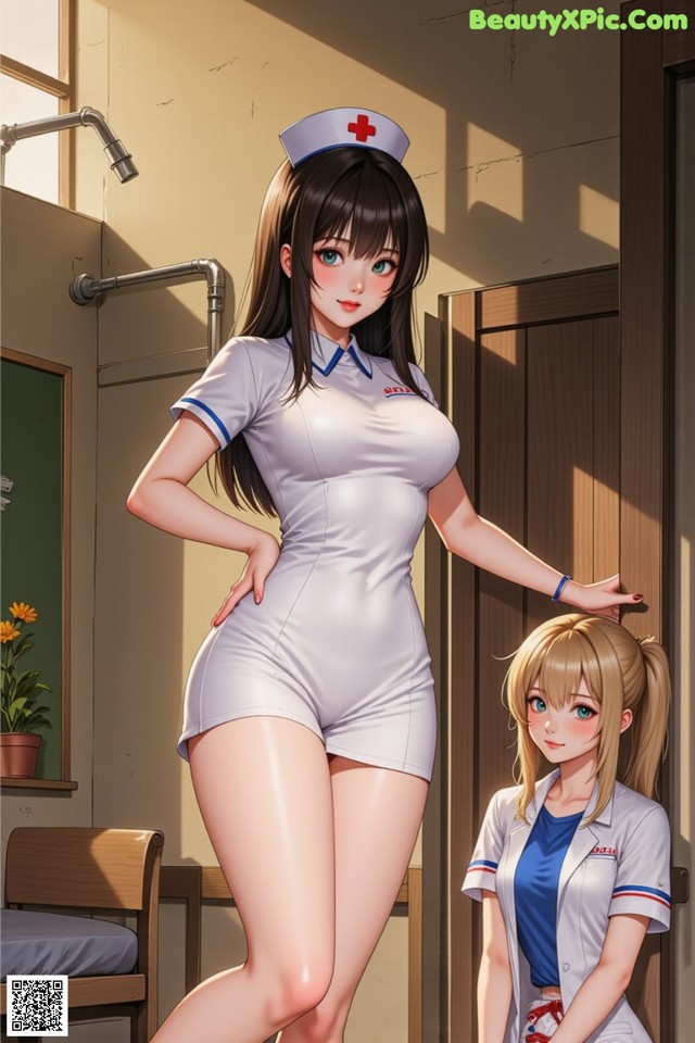 A woman in a nurse uniform standing next to another woman.