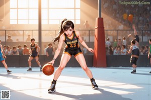 A woman in a red uniform holding a basketball on a court.