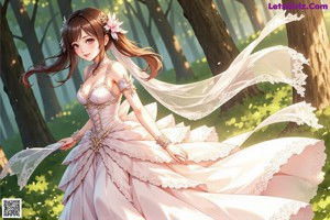 A woman in a wedding dress is walking in the woods.