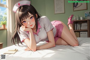 A woman in a nurse outfit sitting on a bed.