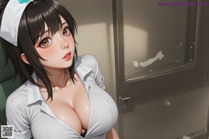 A woman in a nurse outfit is sitting on a window sill.