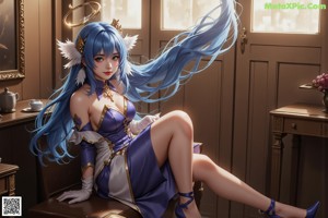 A woman with long blue hair wearing a blue and white outfit.