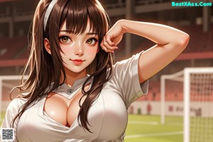 A woman in a red and white shirt kicking a soccer ball.