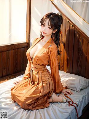 A woman in an orange kimono standing in front of a window.