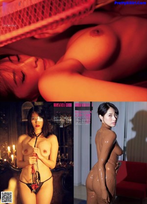 A naked woman sitting on a chair holding a bouquet of flowers.