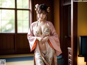 A woman in a pink kimono posing for the camera.