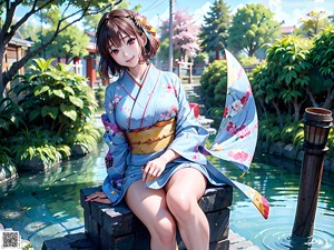 A woman in a kimono sitting on a wooden bench.