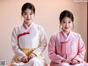 A couple of women in hanbok sitting next to each other.